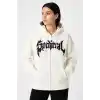 Kadın Kapüşonlu 3 İplik Şardonlu Önü Baskılı Fermuarlı Oversize Sweatshirt - Beyaz