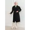 Kadın Kaşe Kaban – Uzun Boy Kruvaze Yaka, Kuşaklı Tesettür Kışlık Kaban, Astarlı Şık Yünlü Dokuma Oversize Rahat Kalıp, Cepli Modern Kaşe Mont Modeli - Siyah