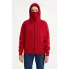 Kadın Samuray Ninja Çift Kapüşonlu Maske Detaylı Fermuarlı Kanguru Cepli Hoodie - Kırmızı