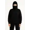Kadın Samuray Ninja Çift Kapüşonlu Maske Detaylı Fermuarlı Kanguru Cepli Hoodie - Siyah