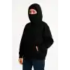 Kadın Samuray Ninja Çift Kapüşonlu Maske Detaylı Fermuarlı Kanguru Cepli Hoodie - Siyah