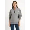 Kadın Üç İplik Dık Yaka Yarım Fermuarlı SweatShirt - Gri