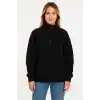 Kadın Üç İplik Dık Yaka Yarım Fermuarlı SweatShirt - Siyah
