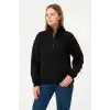 Kadın Üç İplik Dık Yaka Yarım Fermuarlı SweatShirt - Siyah