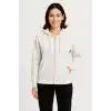 Kadın Üç İplik Kapüşonlu Tam Fermuarlı Kanguru Çepli SweatShirt Hoodie - Beyaz