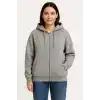 Kadın Üç İplik Kapüşonlu Tam Fermuarlı Kanguru Çepli SweatShirt Hoodie - Gri