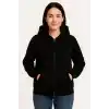 Kadın Üç İplik Kapüşonlu Tam Fermuarlı Kanguru Çepli SweatShirt Hoodie - Siyah