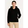 Kadın Üç İplik Kapüşonlu Tam Fermuarlı Kanguru Çepli SweatShirt Hoodie - Siyah