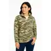 Kadın Yarım Fermuarlı Desenli Polar Sweat – Haki Kamuflaj Yakalı, Uzun Kollu, Oversize Rahat Kalıp - Haki