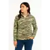 Kadın Yarım Fermuarlı Desenli Polar Sweat – Haki Kamuflaj Yakalı, Uzun Kollu, Oversize Rahat Kalıp - Haki