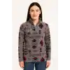 Kadın Yarım Fermuarlı Desenli Polar Sweat Tribal Etnik Desen Yakalı, Uzun Kollu, Oversize Rahat Kalıp - Füme