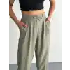 Kadın Yüksel Bel Beli Bağcıklı Cepli Rahat Paça Pantalon - Su Yeşili
