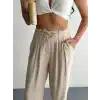 Kadın Yüksel Bel Beli Bağcıklı Rahat Boru Paça Pantalon - Kırık Beyaz