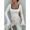 Kare yaka garni detay ispanyol kol bluz beyaz a3105