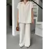 Keten Kısa Kollu Cepli Gömlek Pantolon ikili Takım - Beyaz