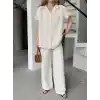 Keten Kısa Kollu Cepli Gömlek Pantolon ikili Takım - Beyaz