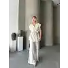 Keten Sıfır Kol Kuşaklı Ceket Pantolon ikili Takım - Beyaz