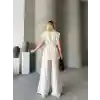 Keten Sıfır Kol Kuşaklı Ceket Pantolon ikili Takım - Beyaz