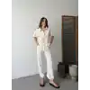 Keten Tam Fermuarlı Kısa kollu Gömlek Pantolon ikili Takım - Beyaz