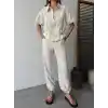 Keten Tam Fermuarlı Kısa kollu Gömlek Pantolon ikili Takım - Beyaz
