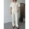 Keten Tam Fermuarlı Kısa kollu Gömlek Pantolon ikili Takım - Beyaz