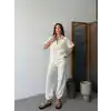 Keten Tam Fermuarlı Kısa kollu Gömlek Pantolon ikili Takım - Beyaz