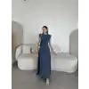 Keten Yandan Yırtmaçlı Uzun Elbise Sıfır Kol Elbise - Mavi