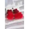 Kırmızı Renk Tüylü Yıldız Ponpon Model Kadın Küpe