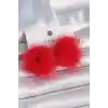 Kırmızı Tüylü Ponpon Model Kadın Küpe