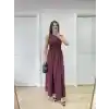 Kolsuz Göğüs Lastıklı %100 Poplin Uzun Elbise - Bordo