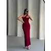 Krinkıl tek omuz uzun elbise bordo s25455
