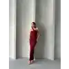 Krinkıl tek omuz uzun elbise bordo s25455