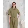 Kuşaklı gömlek yaka salaş tulum haki s255822