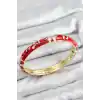 Mineli Pirinç Zirkon Taşlı Kırmızı Çiçek Motifli Gold Kadın Kelepçe