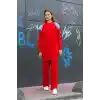 Omuz detaylı kol nakışlı ikili alt üst triko takım kırmızı