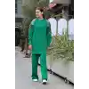 Omuz detaylı kol nakışlı ikili alt üst triko takım yeşil