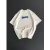Ön ve Arka Baskılı Oversize Bisiklet Yaka T-shirt- Beyaz