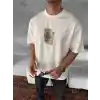 Ön ve Arka Baskılı Oversize Bisiklet Yaka T-shirt - Beyaz