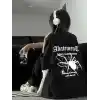 Örümcek Ağı Desenli Baskılı Oversize Bisiklet Yaka T-shirt - Siyah