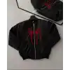 Örümcek Desenli Siyah Bomber Mont – Unisex Kullanıma Uygun, Fermuarlı Cepli, Kapitone Astarlı, Bahar Kış Günlük Giyim İçin Moda Ceket Modeli - Siyah