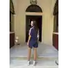 Osy Modal yumuşak dokulu Kumaş Kadın Parçalı Bisiklet Yaka T-shirt Mini Şortlu Etek İkili Takım -Lacivert