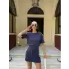 Osy Modal yumuşak dokulu Kumaş Kadın Parçalı Bisiklet Yaka T-shirt Mini Şortlu Etek İkili Takım -Lacivert