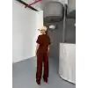 Osy Modal Yumuşak Dokulu Kumaş Kısa Kollu Bluz Rahat Pantalon ikili Takım- Kahverengi