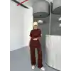 Osy Modal Yumuşak Dokulu Kumaş Kısa Kollu Bluz Rahat Pantalon ikili Takım- Kahverengi