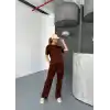 Osy Modal Yumuşak Dokulu Kumaş Kısa Kollu Bluz Rahat Pantalon ikili Takım- Kahverengi
