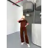 Osy Modal Yumuşak Dokulu Kumaş Kısa Kollu Bluz Rahat Pantalon ikili Takım- Kahverengi