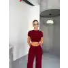 Osy Modal Yumuşak Dokulu Kumaş Kısa Kollu Crop Alt ispanyol Paça Pantalon ikili Takım - Bordo