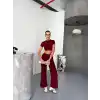Osy Modal Yumuşak Dokulu Kumaş Kısa Kollu Crop Alt ispanyol Paça Pantalon ikili Takım - Bordo