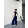 Osy Modal Yumuşak Dokulu Kumaş Kısa Kollu Crop Alt ispanyol Paça Pantalon ikili Takım - Lacivert