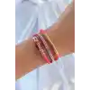 Pembe Renk Zirkon Taşlı Deri Çoklu Bileklik